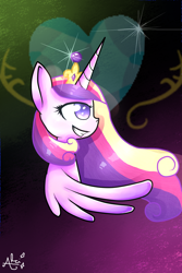 Size: 1000x1500 | Tagged: safe, artist:alcithata, princess cadance, alicorn, pony, bust, grin, portrait, solo, windswept mane