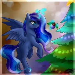 Size: 1080x1080 | Tagged: artist needed, safe, princess luna, alicorn, pony, christmas, christmas tree, holly, missing cutie mark, new year, solo, tree