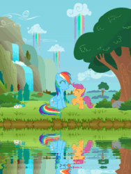Size: 421x560 | Tagged: safe, artist:kennyklent, rainbow dash, scootaloo, pegasus, pony, animated, cloud, female, filly, grass, mare, mountain, reflection, scenery, scootalove, tree, water, waterfall