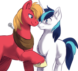 Size: 1112x1011 | Tagged: safe, artist:fizzy-dog, color edit, edit, big macintosh, shining armor, earth pony, pony, unicorn, blushing, colored, gay, implied infidelity, infidelity, male, nuzzling, shiningmac, shipping, stallion