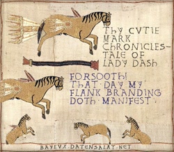 Size: 685x600 | Tagged: safe, apple bloom, rainbow dash, scootaloo, sweetie belle, pegasus, pony, the cutie mark chronicles, bayeux tapestry, bayeux tapestry meme, medieval, sonic rainboom, ye olde butcherede englishe, ytmnd