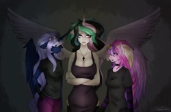 Size: 1600x1050 | Tagged: safe, artist:rainbowhitter, princess cadance, princess celestia, princess luna, anthro, alicorn triarchy, big breasts, breasts, emo, female