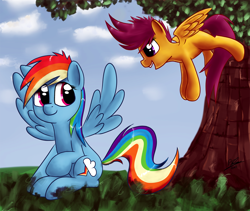 Size: 1200x1011 | Tagged: safe, artist:rainbowgambler, rainbow dash, scootaloo, pegasus, pony, scootalove, tree