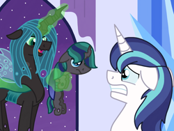 Size: 2048x1536 | Tagged: safe, artist:kindheart525, queen chrysalis, shining armor, oc, oc:philia agape armet, changeling, changeling queen, changepony, hybrid, pony, unicorn, child of rape, colt, female, interspecies offspring, kindverse, male, mare, mommy chrissy, next generation, offspring, parent:queen chrysalis, parent:shining armor, parents:shining chrysalis, stallion, story included, this will end in tears and/or death, trio