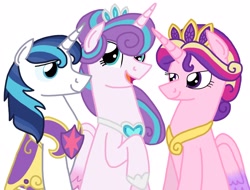 Size: 1962x1489 | Tagged: safe, artist:kindheart525, princess cadance, princess flurry heart, shining armor, alicorn, pony, unicorn, alternate hairstyle, female, jewelry, kindverse, male, mare, older, regalia, stallion