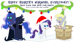 Size: 4961x2835 | Tagged: safe, artist:sketchmcreations, derpy hooves, princess luna, rarity, alicorn, pegasus, pony, unicorn, absurd resolution, box, derpy star, female, hat, mare, merry christmas, pointy ponies, santa hat, simple background, spirit of hearth's warming yet to come, transparent background