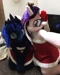 Size: 1664x2048 | Tagged: safe, artist:dieva4130, artist:kolshica, princess cadance, princess luna, christmas, cute, cutedance, fursuit, irl, lunabetes, photo