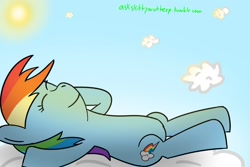 Size: 1200x800 | Tagged: safe, artist:skitty, rainbow dash, pegasus, pony, 30 minute art challenge, blue coat, female, mare, multicolored mane, sleeping, solo