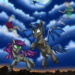 Size: 900x900 | Tagged: safe, artist:swanlullaby, princess luna, oc, bat pony, human, pony, cloud, commission, flying, moon, night, night sky, rule 63, spread wings, stars