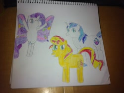 Size: 1024x765 | Tagged: safe, artist:penelopehamuchan, rarity, shining armor, sunset shimmer, pony, unicorn, butterfly wings, sonic heroes, traditional art