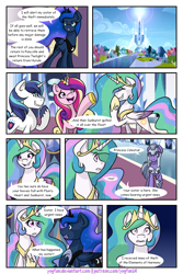 Size: 1024x1536 | Tagged: safe, artist:yogfan, princess cadance, princess celestia, princess luna, shining armor, alicorn, pony, unicorn, comic:but i do now, armor, comic, crystal empire, crystal guard, crystal guard armor, laughing, the legend of zelda