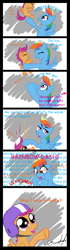 Size: 700x2500 | Tagged: safe, artist:gavalanche, rainbow dash, scootaloo, pegasus, pony, accident, comic, comic sans, falling, female, filly, giggling, glowing eyes, mare, mother, pointing, sisters, squishy cheeks, throwing