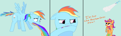 Size: 1879x555 | Tagged: safe, rainbow dash, scootaloo, pegasus, pony, puking rainbows, rainbow, scootabuse, vomit