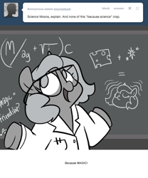 Size: 666x800 | Tagged: safe, artist:egophiliac, princess luna, alicorn, pony, chalkboard, cheese, clothes, filly, food, glasses, grayscale, it's magic, lab coat, magic, monochrome, moonstuck, science woona, shrug, solo, woona, younger