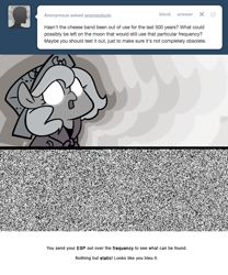 Size: 666x800 | Tagged: safe, artist:egophiliac, princess luna, alicorn, pony, ask, cartographer's cap, esp, filly, glowing eyes, grayscale, hat, marauder's mantle, monochrome, moonstuck, pun, solo, static, tumblr, woona, younger