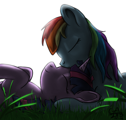 Size: 1000x950 | Tagged: safe, artist:gamesadict, rainbow dash, twilight sparkle, pegasus, pony, cute, eyes closed, female, grass, kissing, lesbian, nuzzling, on back, prone, shipping, smiling, twidash