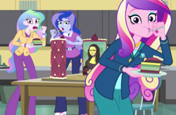 Size: 593x389 | Tagged: safe, screencap, dean cadance, princess cadance, princess celestia, princess luna, principal celestia, vice principal luna, acadeca, equestria girls, friendship games, cake, cakelestia, caught, eating, food, looking at you, mona lisa, plate, shocked, spoon, trio