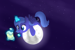 Size: 2160x1440 | Tagged: safe, artist:dtcx97, princess luna, alicorn, pony, chips, crumbs, eating, filly, food, magic, moon, potato chips, prone, solo, stars, tangible heavenly object, telekinesis, woona, younger