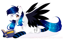 Size: 1732x1088 | Tagged: safe, artist:clefficia, oc, oc only, pegasus, pony, book, clothes, female, mare, simple background, socks, solo, stockings, striped socks, thigh highs, transparent background