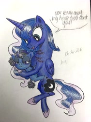 Size: 3024x4032 | Tagged: safe, artist:darkest-lunar-flower, princess luna, oc, oc:darkest lunar flower, alicorn, pony, unicorn, absurd resolution, adopted offspring, foal, maternaluna, simple background, traditional art, white background