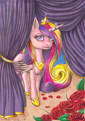Size: 1640x2330 | Tagged: safe, artist:bertthefrenchunicorn, princess cadance, alicorn, pony, flower, rose, solo, traditional art