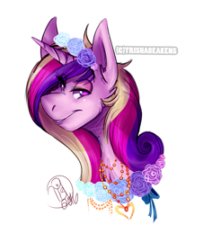 Size: 877x972 | Tagged: safe, artist:trishabeakens, princess cadance, alicorn, pony, bust, floral head wreath, necklace, portrait, solo