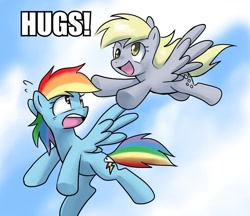 Size: 800x692 | Tagged: safe, artist:johnjoseco, edit, derpy hooves, rainbow dash, pegasus, pony, duo, female, flying, hug, image macro, mare, sky