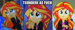 Size: 625x252 | Tagged: safe, edit, screencap, sunset shimmer, equestria girls, equestria girls (movie), :<, :o, cute, frown, image macro, looking at you, open mouth, sad, shimmerbetes, solo, tsundere, tsunset shimmer, vulgar, wide eyes