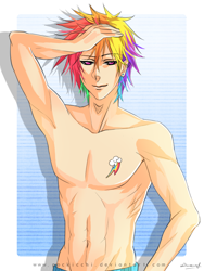 Size: 600x800 | Tagged: safe, artist:pockicchi, rainbow blitz, rainbow dash, humanized, rule 63, topless