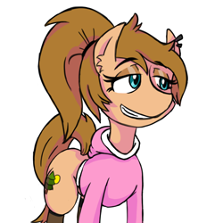 Size: 1200x1200 | Tagged: safe, alternate version, artist:skeletonburglar, oc, oc only, oc:morning wood, pony, clothes, hoodie, looking offscreen, seductive grin, simple background, smiling, socks, solo, stockings, thigh highs, white background