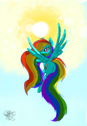 Size: 1600x2304 | Tagged: safe, artist:vegemiteguzzler, rainbow dash, pegasus, pony, female, flying, long mane, long tail, mare, sky, sun, wings