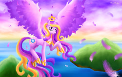 Size: 3716x2343 | Tagged: safe, artist:rose-beuty, princess cadance, alicorn, pony, feather, flying, island, solo, water