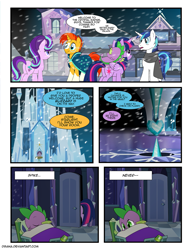 Size: 1275x1650 | Tagged: safe, artist:dsana, shining armor, spike, starlight glimmer, sunburst, twilight sparkle, twilight sparkle (alicorn), alicorn, dragon, pony, unicorn, comic:the shadow shard, comic, crystal empire, crystal heart, sleeping, snow, train