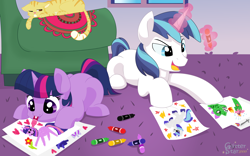 Size: 6968x4360 | Tagged: safe, artist:glitterstar2000, shining armor, twilight sparkle, cat, pony, unicorn, absurd resolution, blank flank, brother and sister, coloring, colt, colt shining armor, crayon, crayon drawing, cute, drawing, female, filly, filly twilight sparkle, foal, glowing horn, magic, male, mouth hold, paper, siblings, stylistic suck, twiabetes, younger