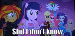 Size: 1213x586 | Tagged: safe, applejack, fluttershy, pinkie pie, rainbow dash, rarity, sunset shimmer, twilight sparkle, equestria girls, equestria girls (movie), image macro, vulgar