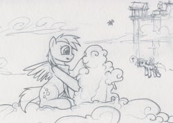 Size: 1200x848 | Tagged: safe, artist:cobaltsnow, derpy hooves, rainbow dash, pegasus, pony, cloudsdale, female, mare, monochrome, traditional art