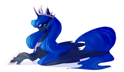 Size: 1024x594 | Tagged: safe, artist:0puntia, princess luna, alicorn, pony, prone, queen, simple background, solo, unshorn fetlocks, white background