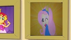 Size: 897x502 | Tagged: safe, edit, edited screencap, screencap, fluttershy, sunset shimmer, equestria girls, equestria girls (movie), exploitable meme, helping twilight win the crown, one eye closed, prom queen meme, wink, wondercolts uniform