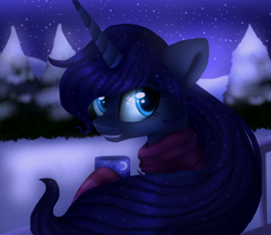 Size: 1500x1300 | Tagged: safe, artist:starchasesketches, princess luna, alicorn, pony, clothes, forest, night, scarf, snow, socks, solo, stars, striped socks, winter