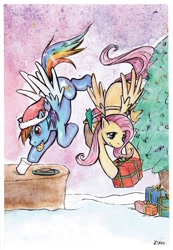 Size: 735x1064 | Tagged: safe, artist:zn-y, fluttershy, rainbow dash, pegasus, pony, christmas, cookie, milk, present, saddle bag