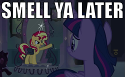 Size: 583x360 | Tagged: safe, sunset shimmer, twilight sparkle, twilight sparkle (alicorn), alicorn, unicorn, equestria girls, equestria girls (movie), caption, female, image macro, mare, smell ya later, sunset motherfucking shimmer