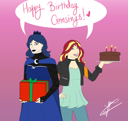 Size: 2616x2480 | Tagged: safe, artist:angelpony99, princess luna, sunset shimmer, human, birthday cake, cake, chocolate cake, duo, duo female, female, food, gift art, gift box, gradient, humanized, lace, lipstick, nail polish, pastel