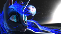 Size: 5760x3240 | Tagged: safe, artist:autello, princess luna, alicorn, pony, absurd resolution, earth, eye reflection, glow, glowing mane, moon, reflection, solo, space, stars, subsurface scattering