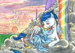 Size: 1024x726 | Tagged: safe, artist:ladydekaro, rainbow dash, soarin', pegasus, pony, female, male, shipping, soarindash, straight, traditional art