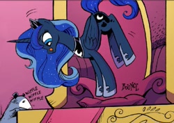 Size: 915x648 | Tagged: safe, artist:andypriceart, idw, princess luna, tiberius, alicorn, pony, spoiler:comicm10, :q, bouncing, cute, licking, licking lips, lunabetes, majestic as fuck, pronking, smiling, sniffing, throne, tongue out