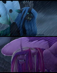 Size: 1024x1307 | Tagged: safe, artist:samandriilrf, princess cadance, queen chrysalis, alicorn, changeling, changeling queen, pony, dialogue, lion king 2 simba's pride, rain, reference, the lion king