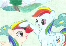 Size: 1024x726 | Tagged: safe, rainbow dash, scootaloo, pegasus, pony, alex warlorn, bush, fan, fanfic, fanfic art, fangirl, flower, mountain, pony pov series, reharmonized ponies, scootalove, traditional art, tree, wig, youtube link