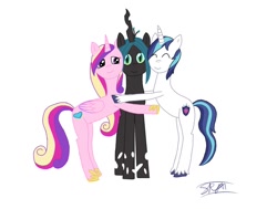 Size: 1024x775 | Tagged: safe, artist:radiancedashzelda, princess cadance, queen chrysalis, shining armor, alicorn, changeling, changeling queen, pony, unicorn, bipedal, bisexual, chrysarmordance, eyes closed, female, hug, lesbian, male, mare, polyamory, shipping, simple background, stallion, straight, trio, white background