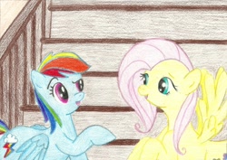 Size: 1024x725 | Tagged: safe, fluttershy, rainbow dash, pegasus, pony, alex warlorn, fanfic, fanfic art, pony pov series, reharmonized ponies, stairs