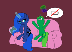 Size: 1008x731 | Tagged: safe, artist:limedreaming, princess luna, oc, oc:lime dream, alicorn, pony, angry, belly button, controller, gamer luna, magic, scrunchy face, simple background, sofa